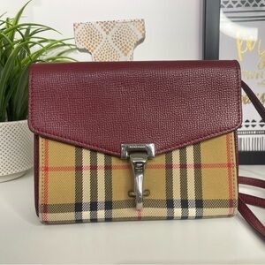 Burberry Macken Beige Check Canvas Crossbody with Burgundy Leather Flap